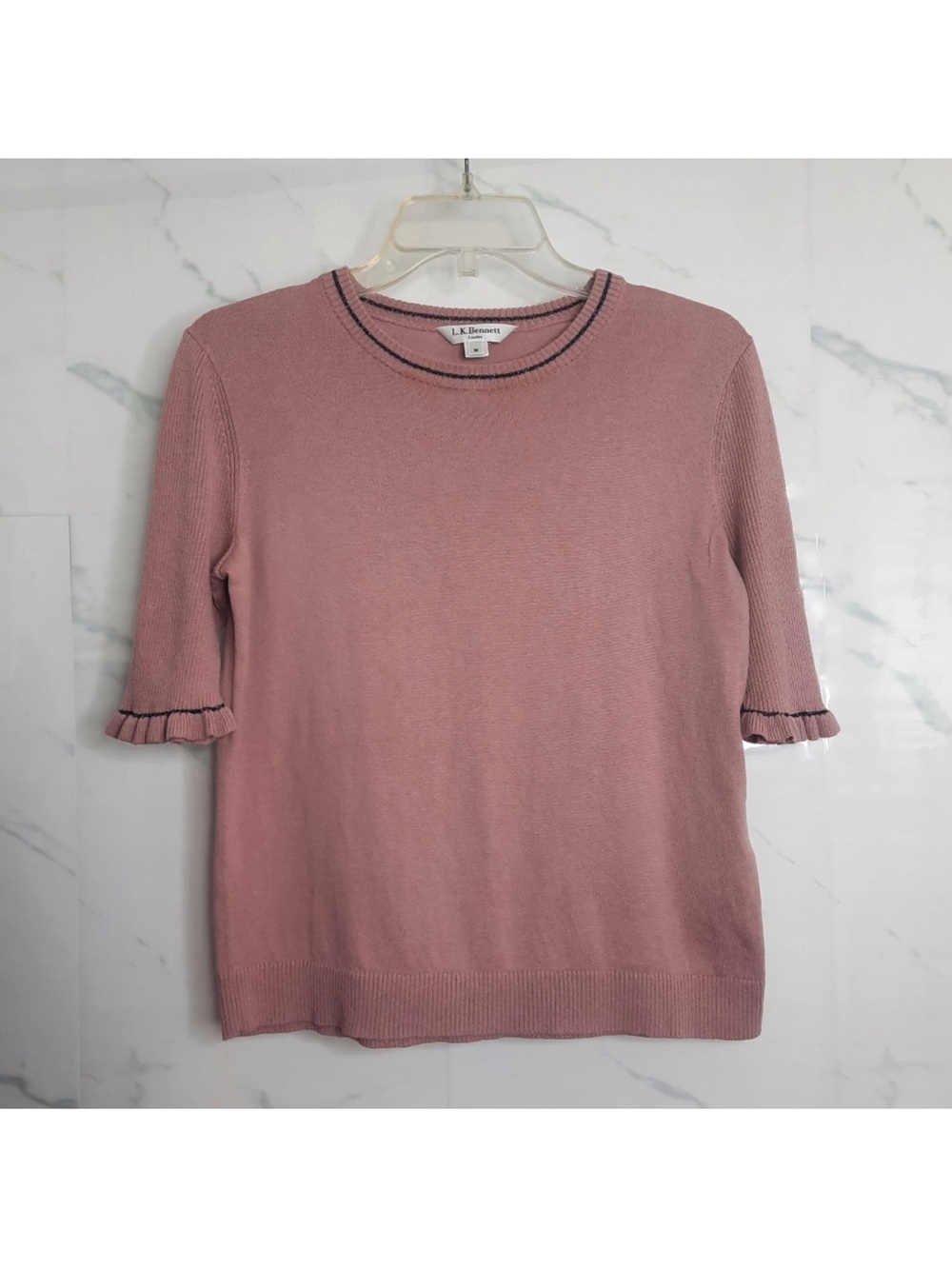 LK Bennett Dusty Pink Ruffle-Sleeve Knit Top with Contrast Trim - Picture 2 of 13